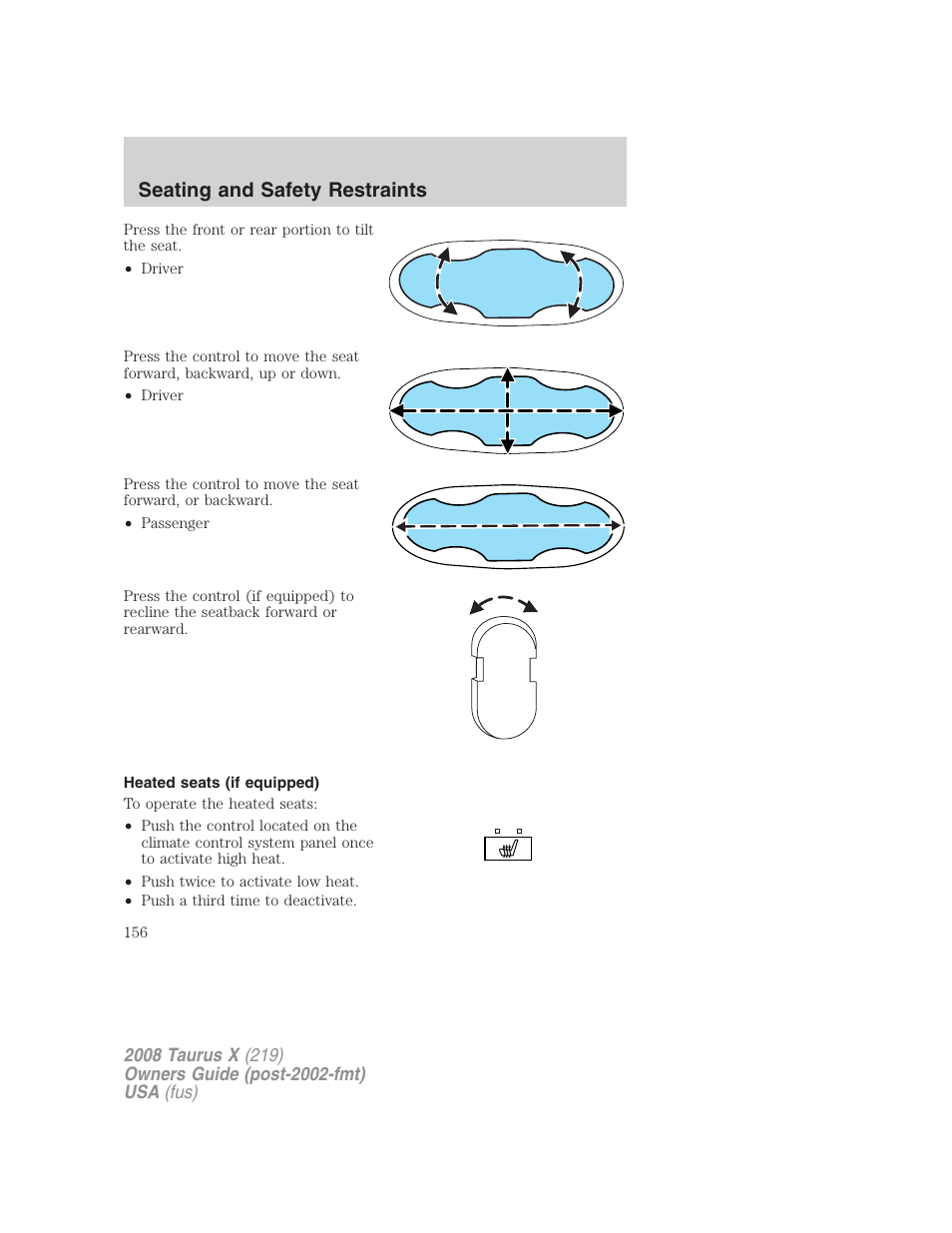 Heated seats (if equipped), Seating and safety restraints | FORD 2008 Taurus X User Manual | Page 156 / 352