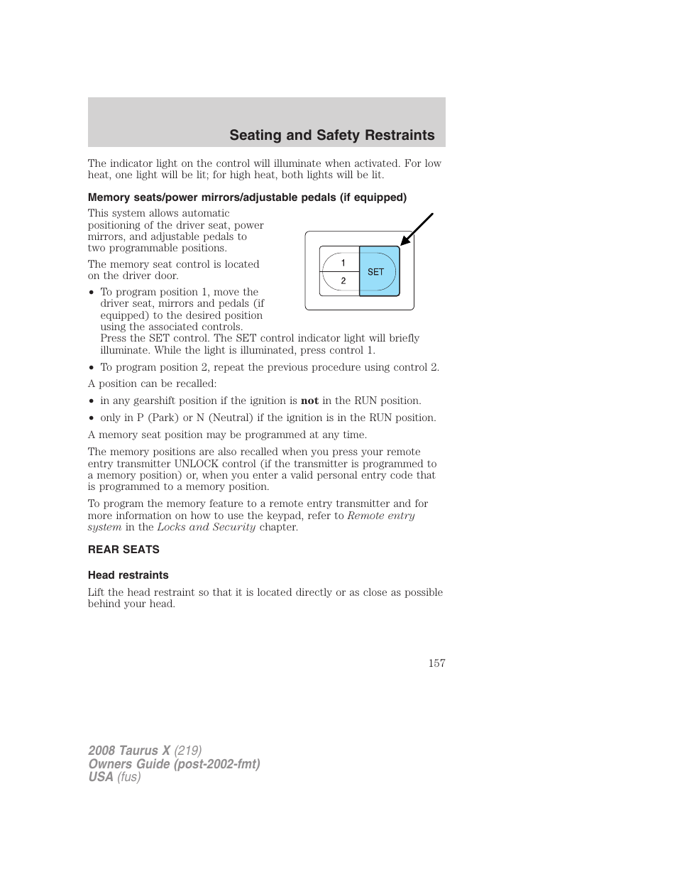 Rear seats, Head restraints, Seating and safety restraints | FORD 2008 Taurus X User Manual | Page 157 / 352