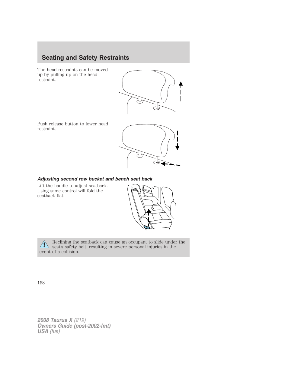Adjusting second row bucket and bench seat back, Seating and safety restraints | FORD 2008 Taurus X User Manual | Page 158 / 352
