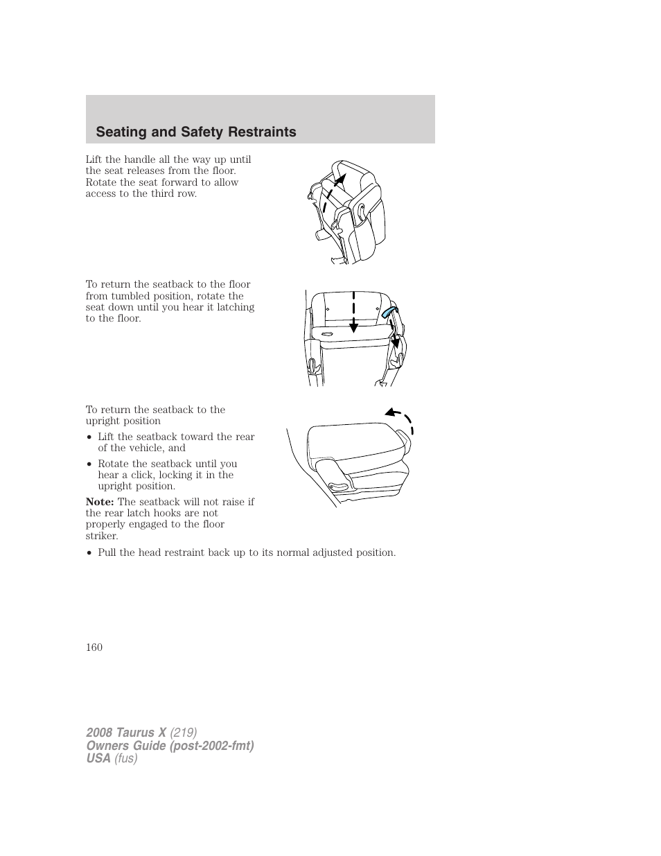 Seating and safety restraints | FORD 2008 Taurus X User Manual | Page 160 / 352