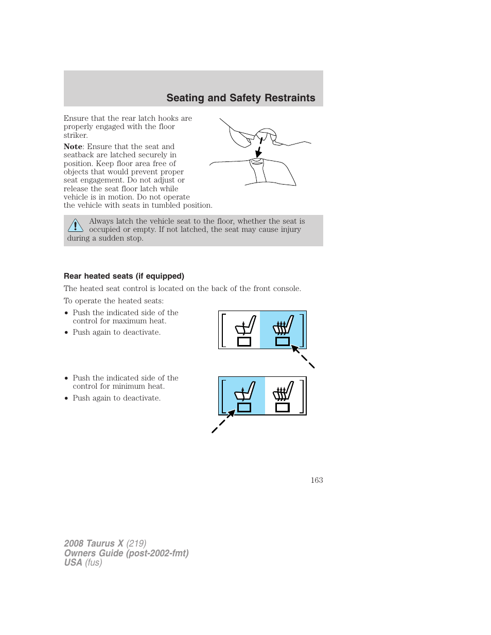 Rear heated seats (if equipped), Seating and safety restraints | FORD 2008 Taurus X User Manual | Page 163 / 352