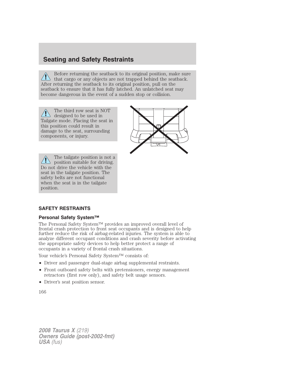 Safety restraints, Personal safety system, Seating and safety restraints | FORD 2008 Taurus X User Manual | Page 166 / 352