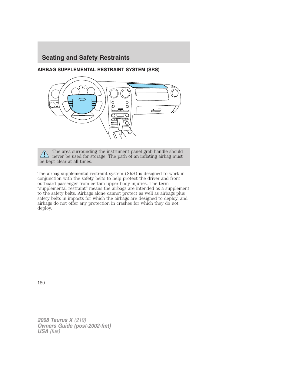 Airbag supplemental restraint system (srs), Airbags, Seating and safety restraints | FORD 2008 Taurus X User Manual | Page 180 / 352