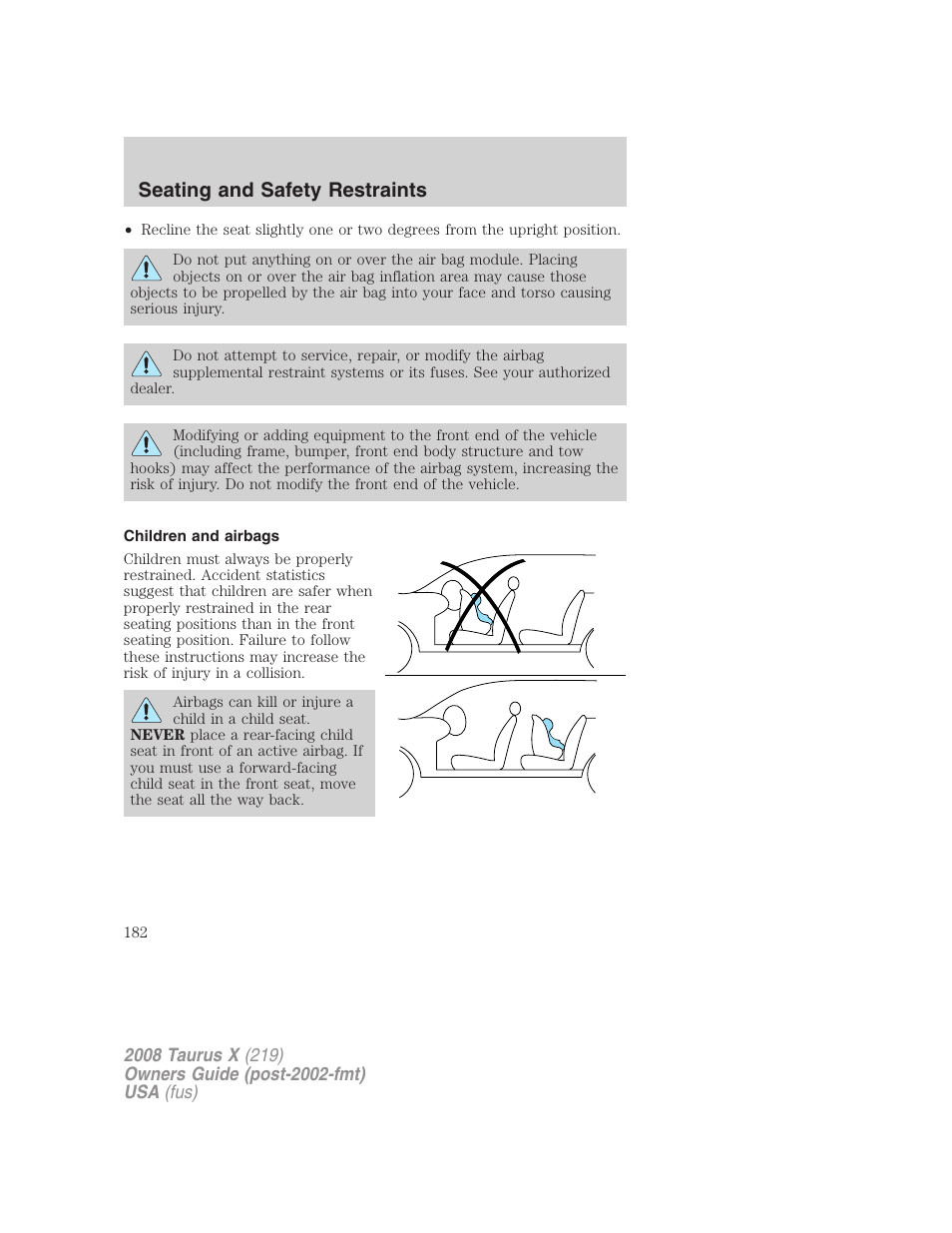 Children and airbags, Seating and safety restraints | FORD 2008 Taurus X User Manual | Page 182 / 352