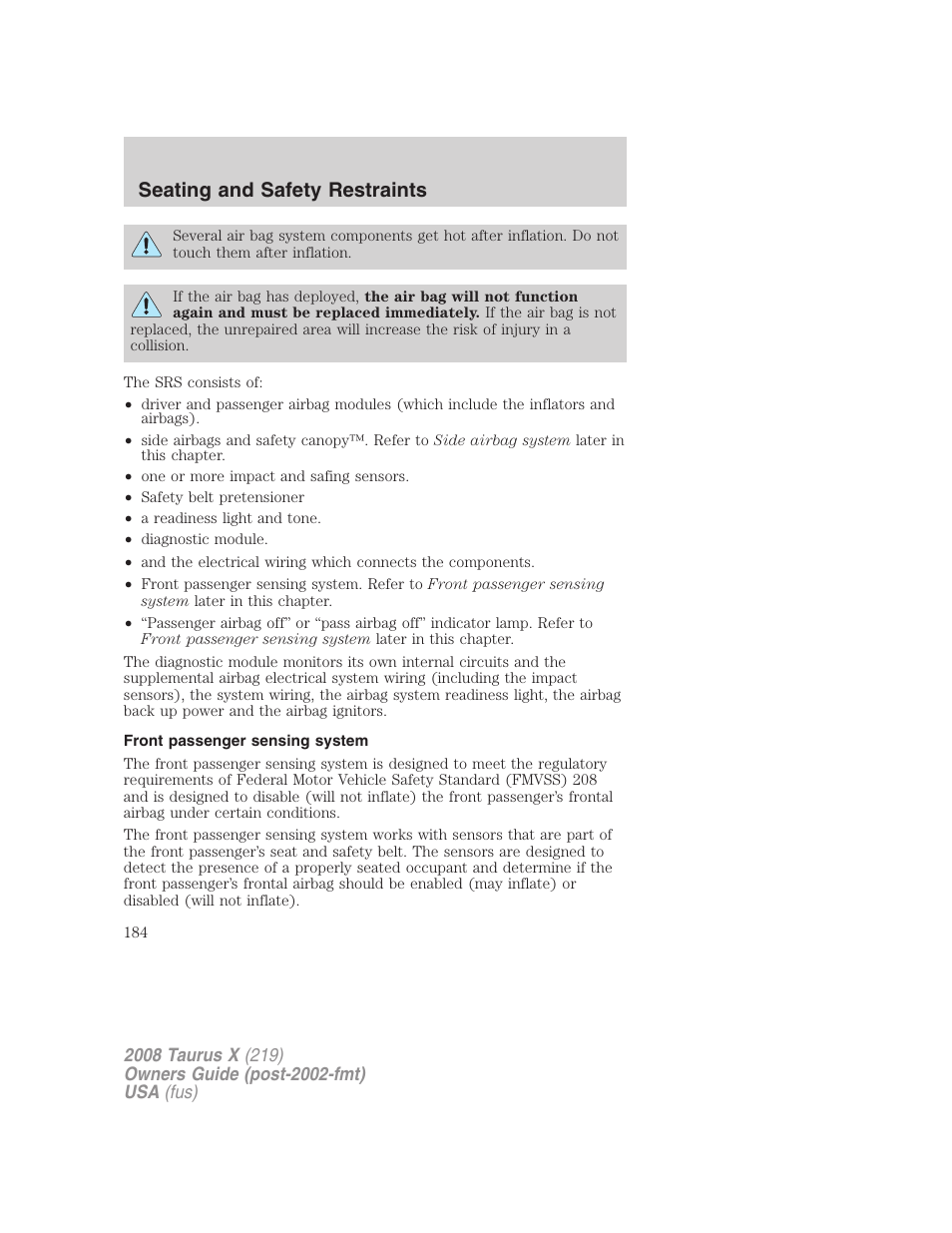 Front passenger sensing system, Seating and safety restraints | FORD 2008 Taurus X User Manual | Page 184 / 352