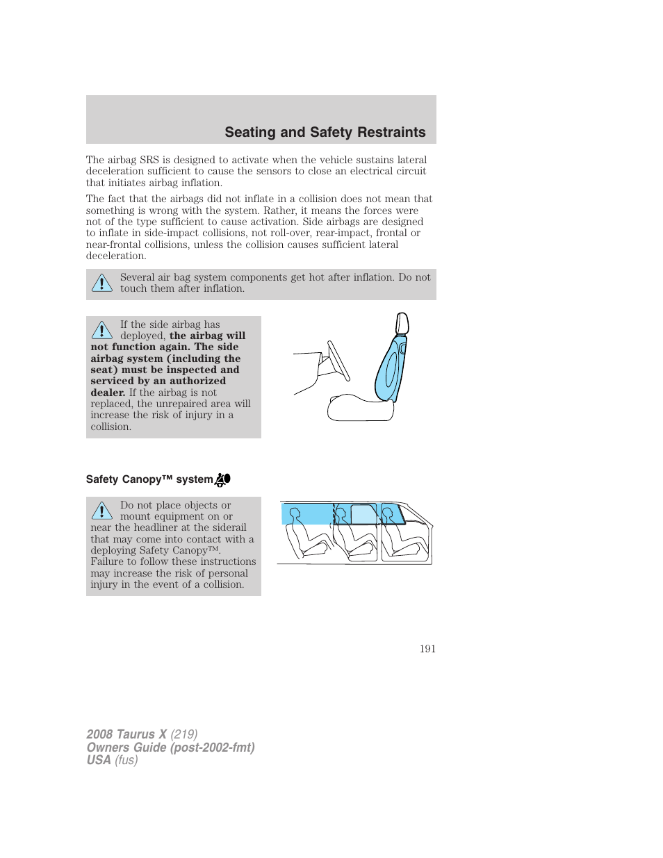 Safety canopy™ system, Seating and safety restraints | FORD 2008 Taurus X User Manual | Page 191 / 352