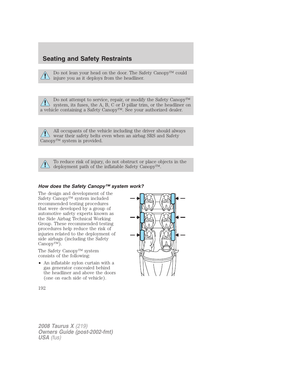 How does the safety canopy™ system work, Seating and safety restraints | FORD 2008 Taurus X User Manual | Page 192 / 352