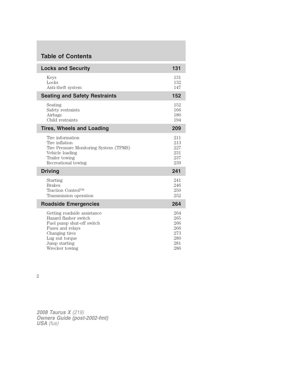 FORD 2008 Taurus X User Manual | Page 2 / 352