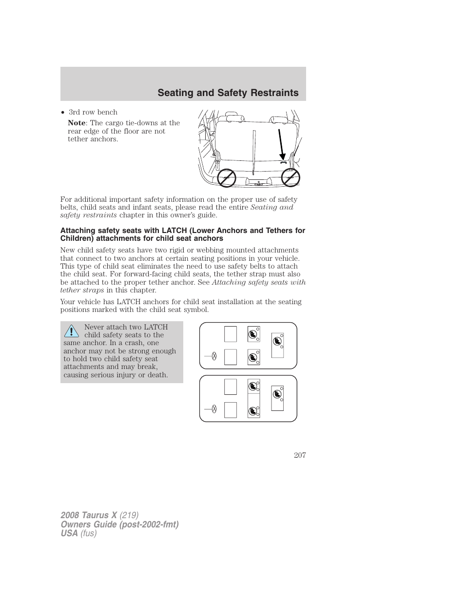 Seating and safety restraints | FORD 2008 Taurus X User Manual | Page 207 / 352