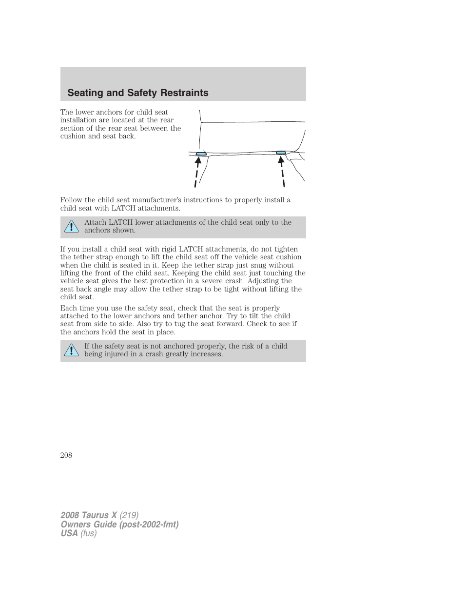 Seating and safety restraints | FORD 2008 Taurus X User Manual | Page 208 / 352