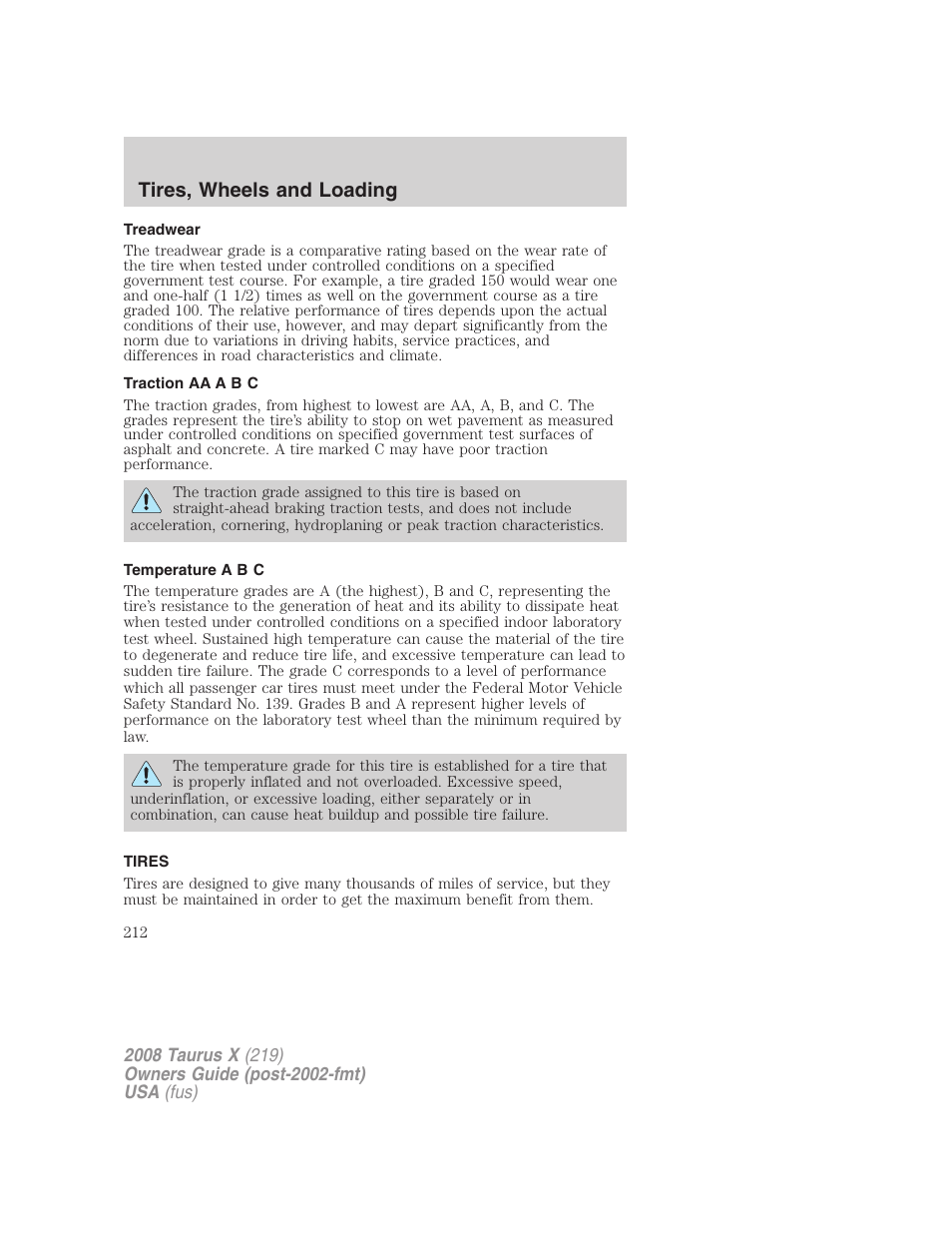 Treadwear, Traction aa a b c, Temperature a b c | Tires, Tires, wheels and loading | FORD 2008 Taurus X User Manual | Page 212 / 352