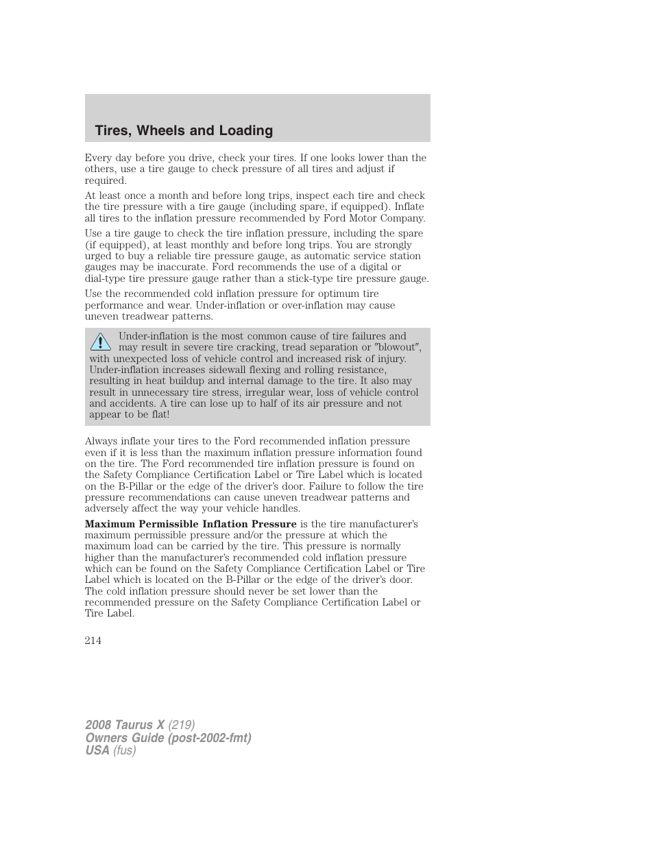 Tires, wheels and loading | FORD 2008 Taurus X User Manual | Page 214 / 352