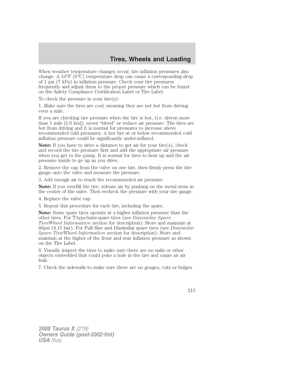 Tires, wheels and loading | FORD 2008 Taurus X User Manual | Page 215 / 352