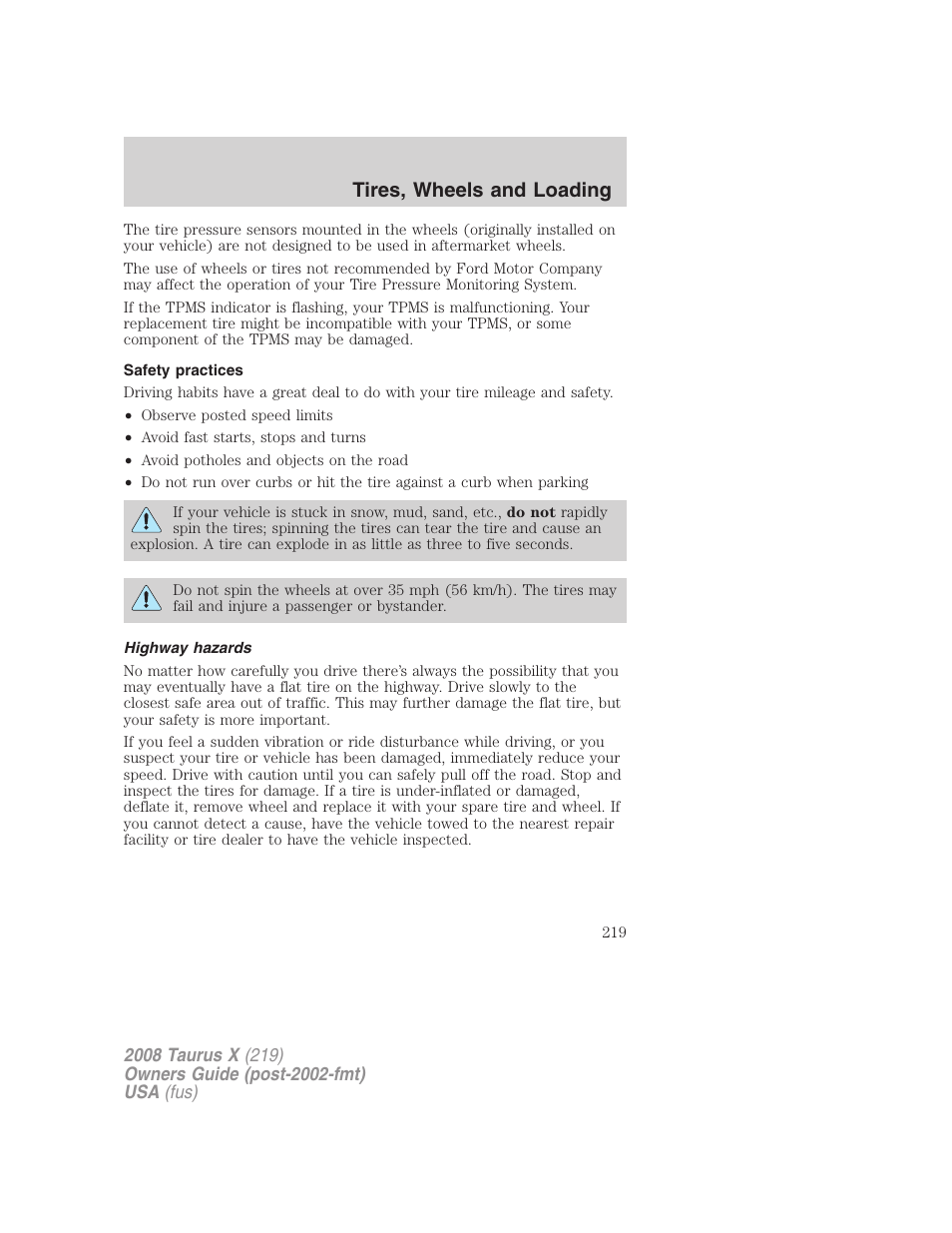 Safety practices, Highway hazards, Tires, wheels and loading | FORD 2008 Taurus X User Manual | Page 219 / 352