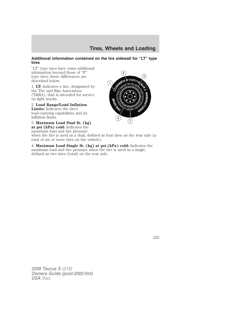 Tires, wheels and loading | FORD 2008 Taurus X User Manual | Page 225 / 352