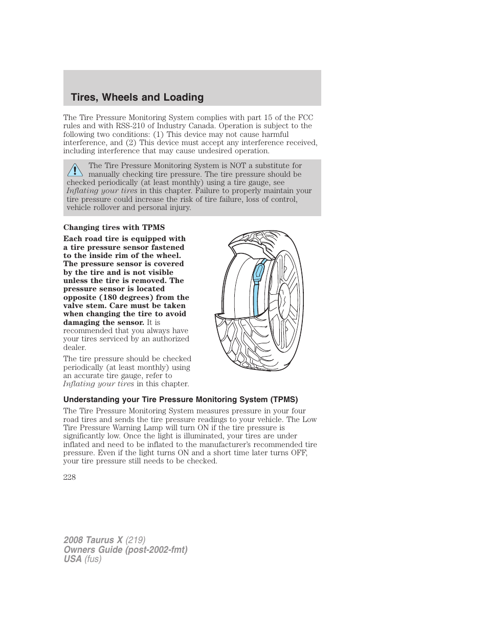 Tires, wheels and loading | FORD 2008 Taurus X User Manual | Page 228 / 352