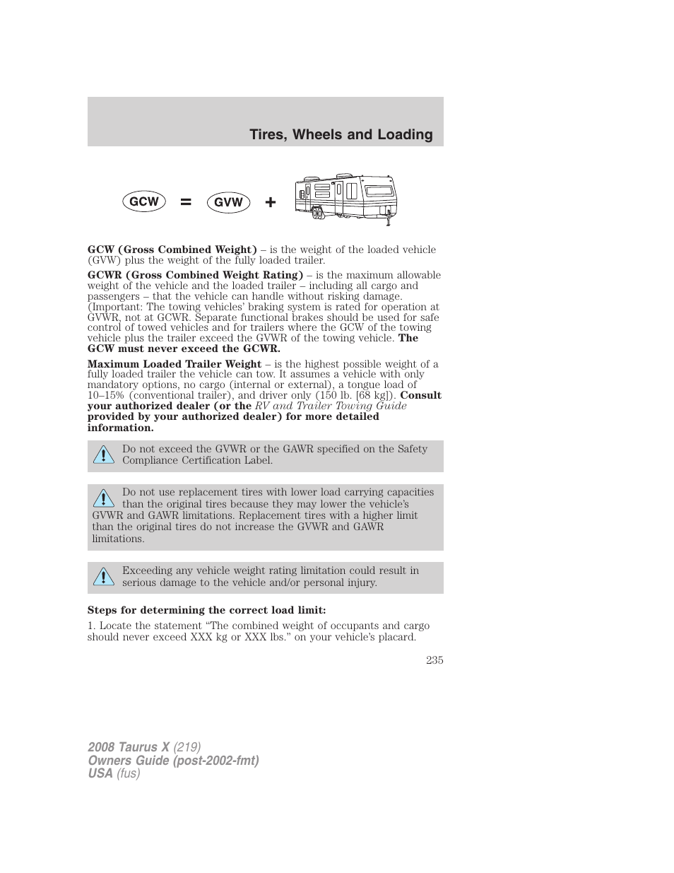 Tires, wheels and loading | FORD 2008 Taurus X User Manual | Page 235 / 352