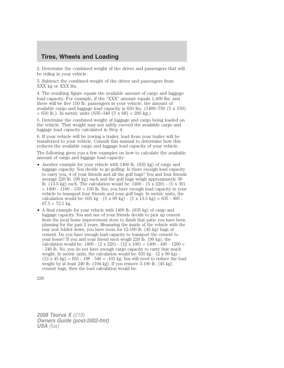 Tires, wheels and loading | FORD 2008 Taurus X User Manual | Page 236 / 352