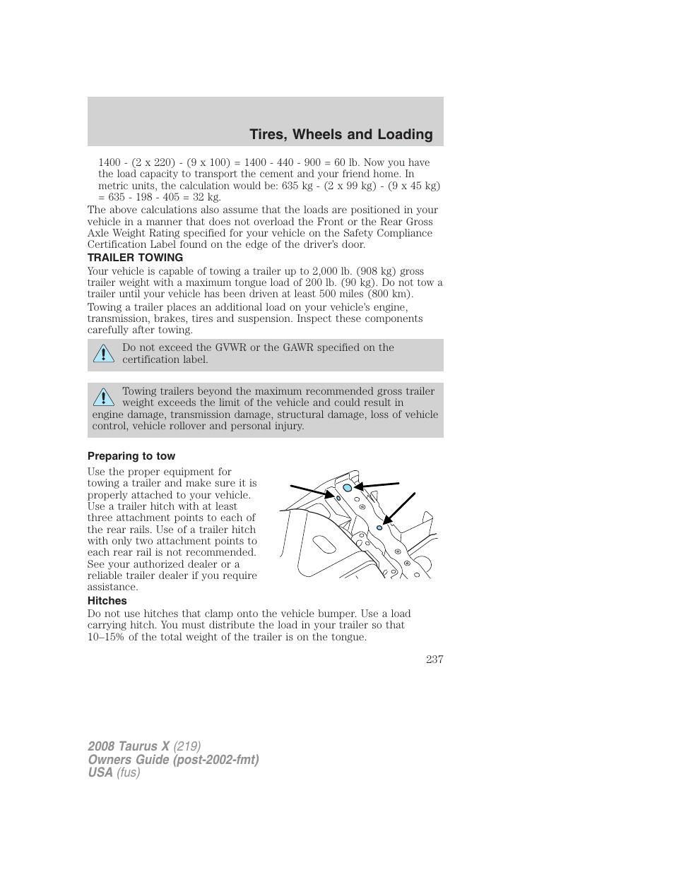 Trailer towing, Preparing to tow, Hitches | Tires, wheels and loading | FORD 2008 Taurus X User Manual | Page 237 / 352