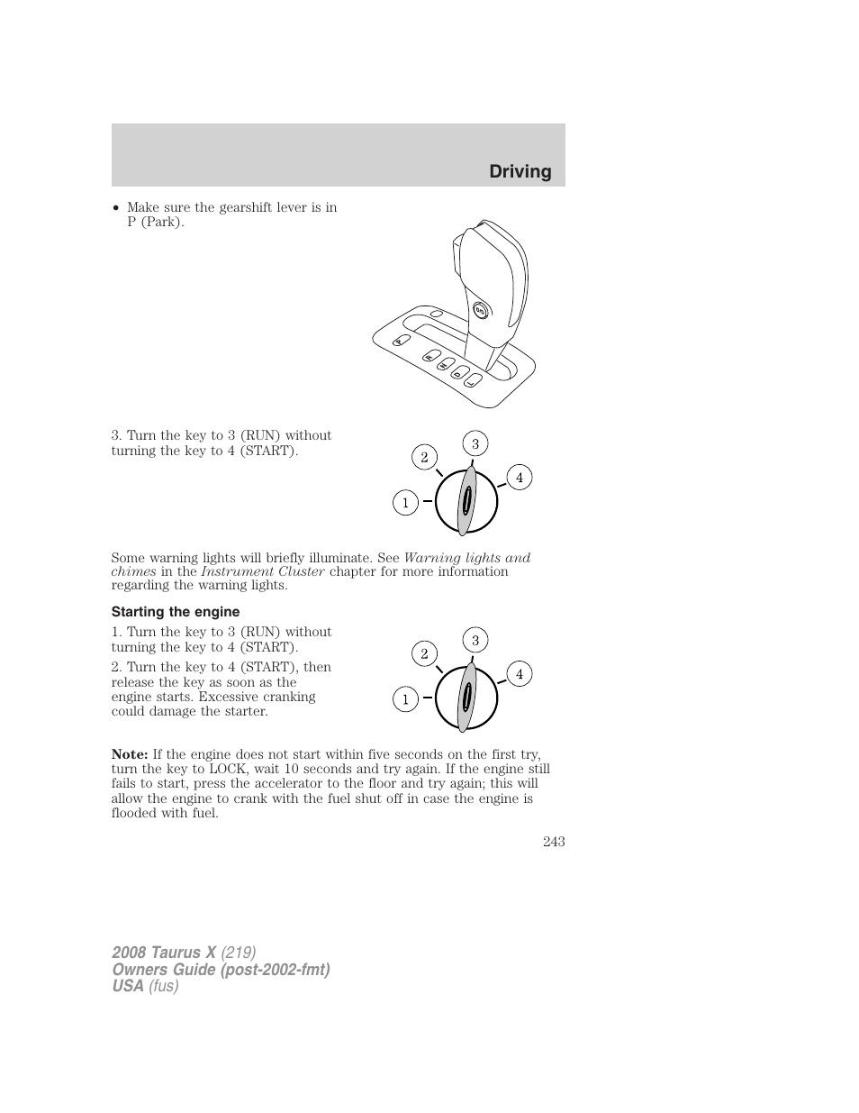 Starting the engine, Driving | FORD 2008 Taurus X User Manual | Page 243 / 352