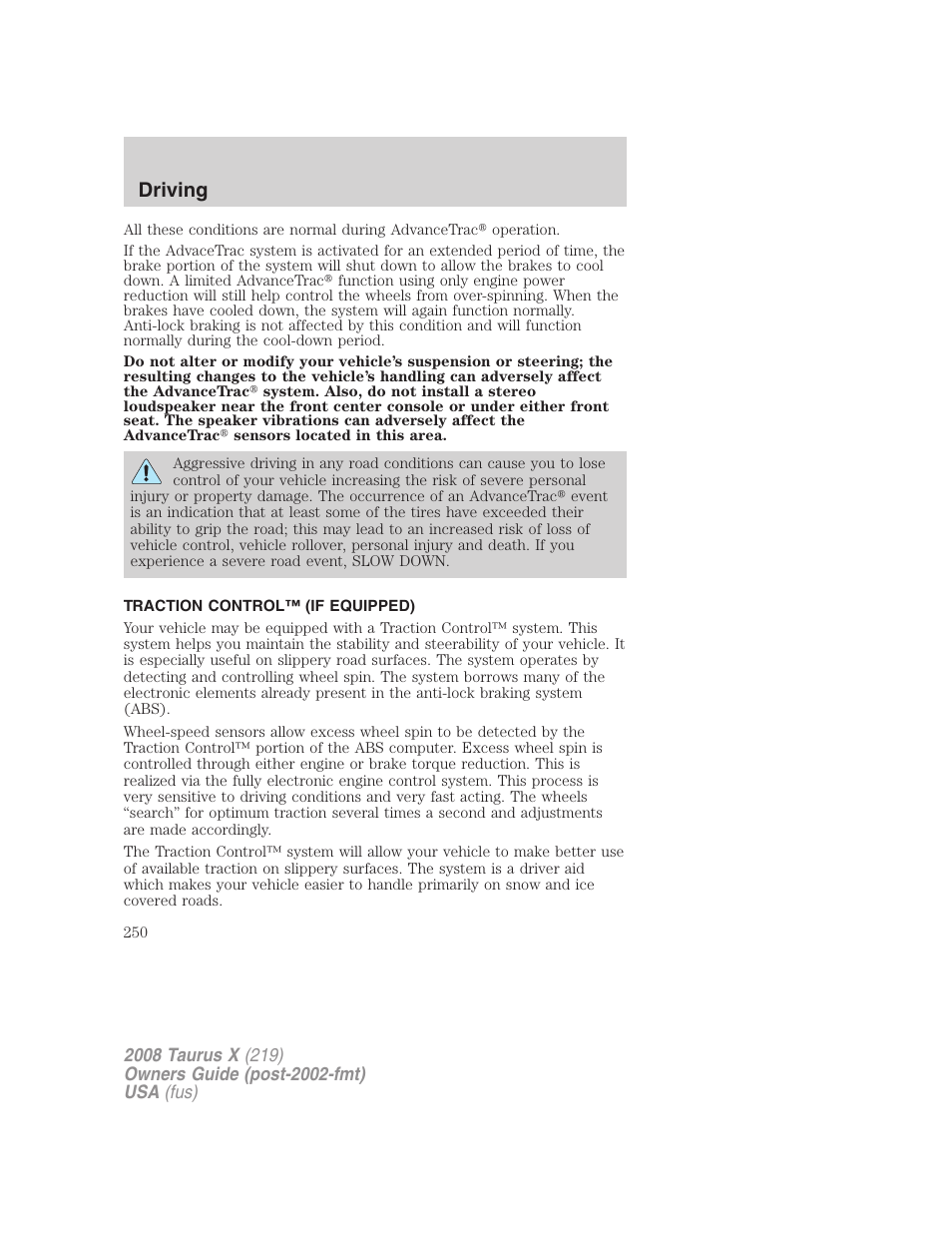 Traction control™ (if equipped), Traction control, Driving | FORD 2008 Taurus X User Manual | Page 250 / 352