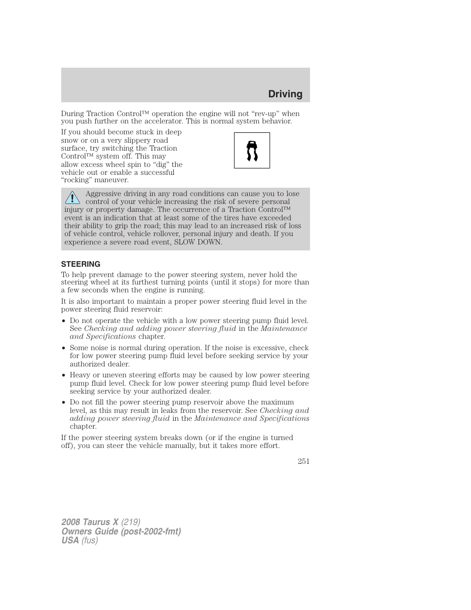 Steering, Driving | FORD 2008 Taurus X User Manual | Page 251 / 352