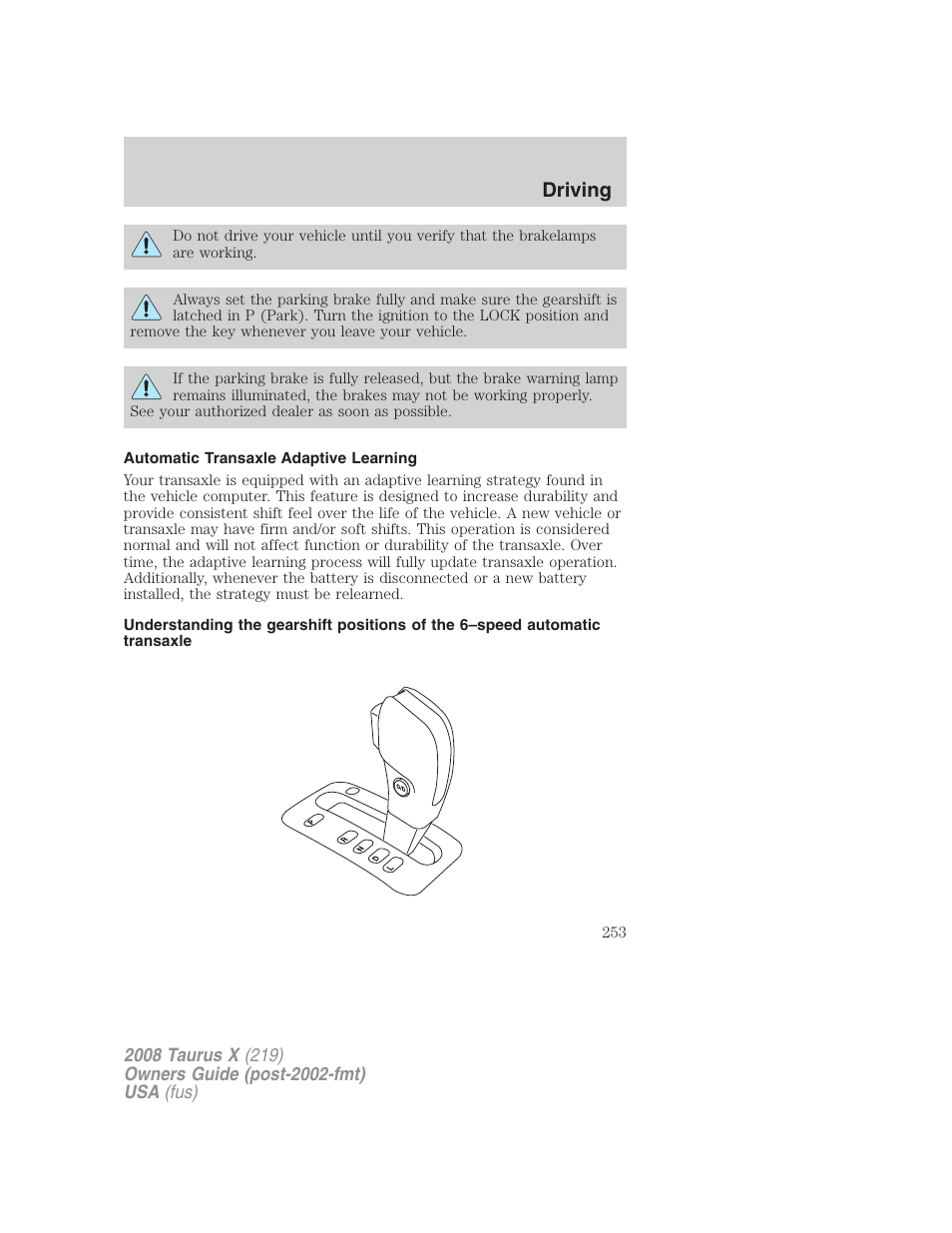 Automatic transaxle adaptive learning, Driving | FORD 2008 Taurus X User Manual | Page 253 / 352