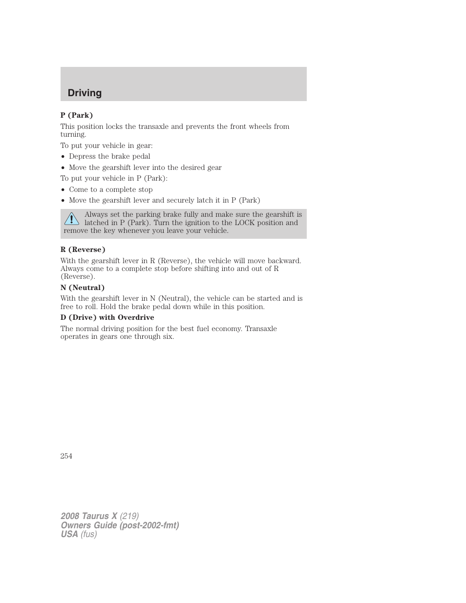 Driving | FORD 2008 Taurus X User Manual | Page 254 / 352