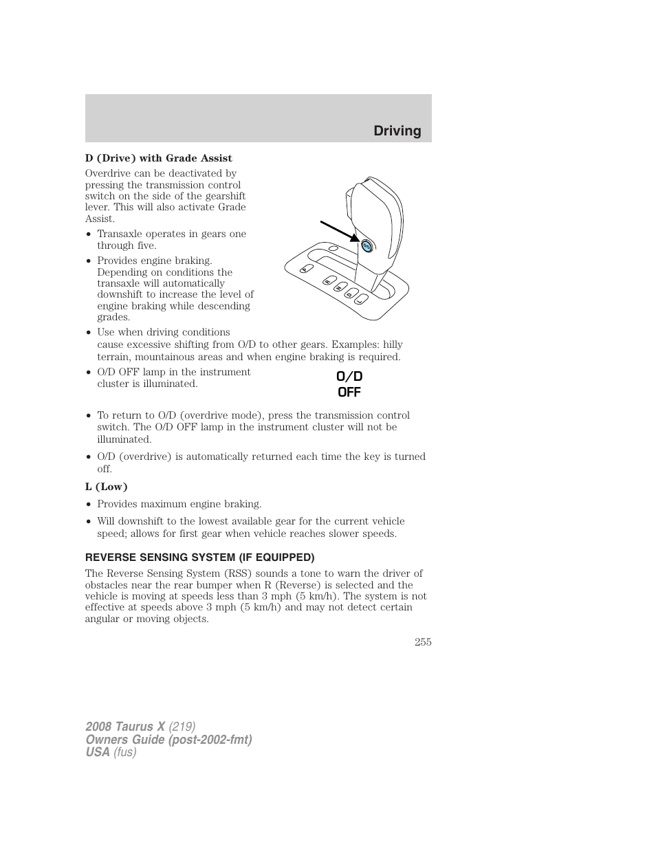 Reverse sensing system (if equipped), Driving | FORD 2008 Taurus X User Manual | Page 255 / 352