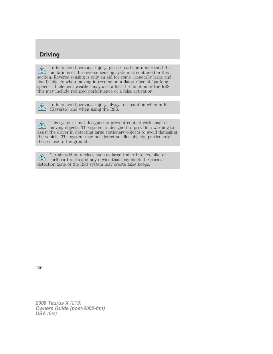 Driving | FORD 2008 Taurus X User Manual | Page 256 / 352