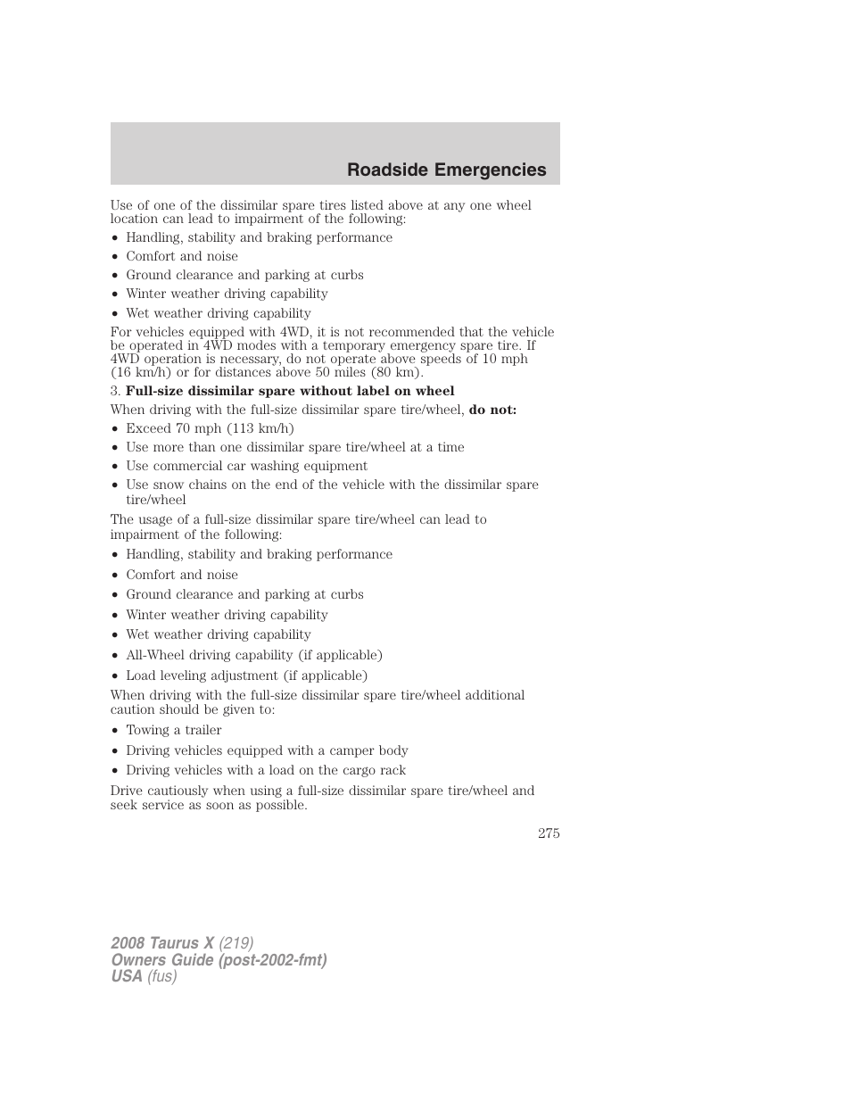 Roadside emergencies | FORD 2008 Taurus X User Manual | Page 275 / 352