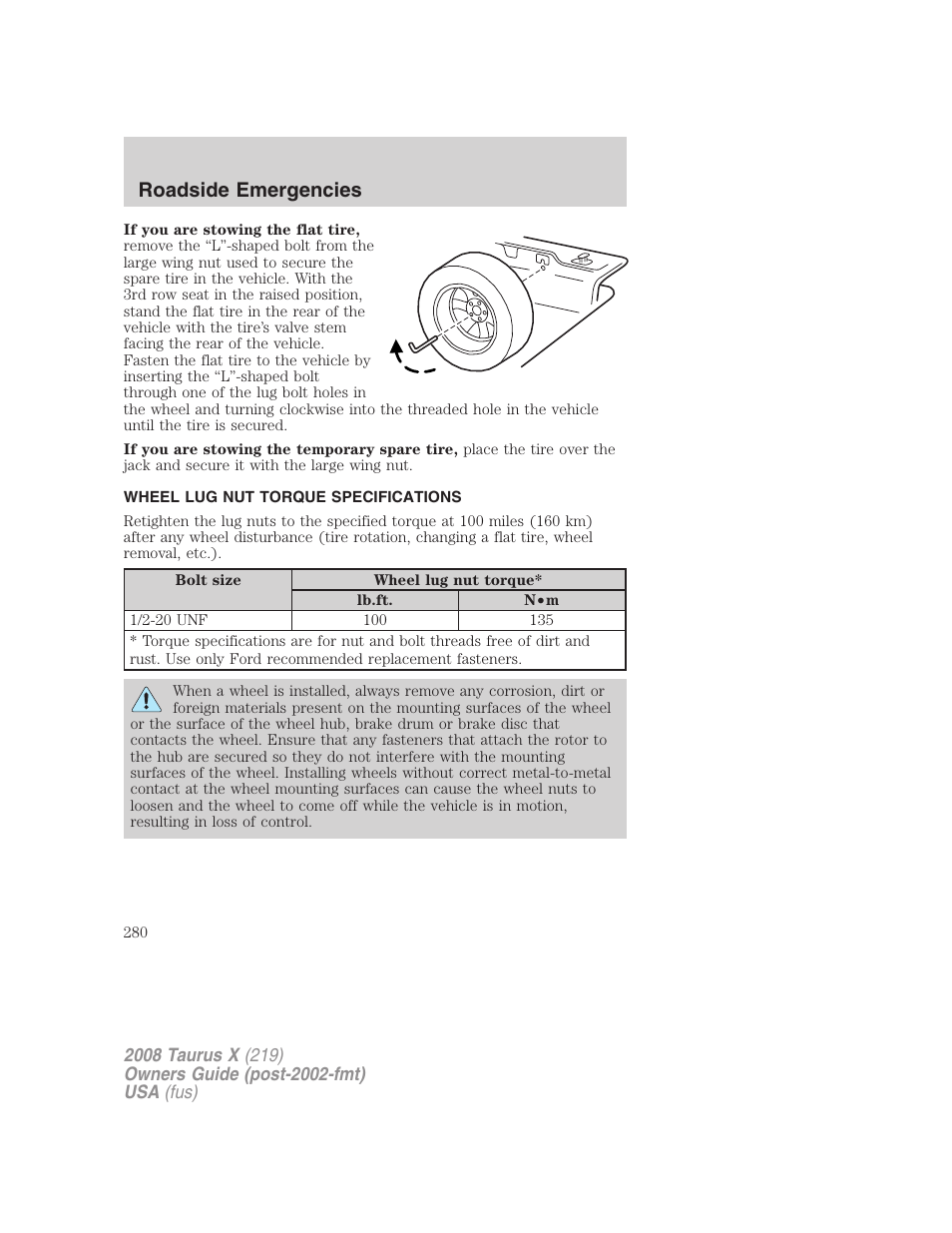 Wheel lug nut torque specifications, Lug nut torque, Roadside emergencies | FORD 2008 Taurus X User Manual | Page 280 / 352