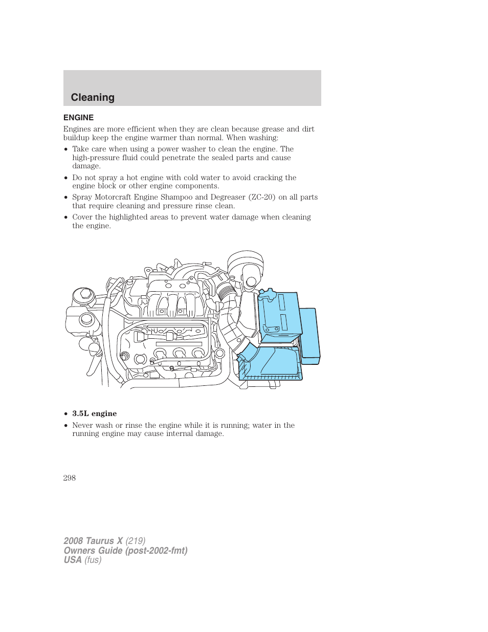 Engine, Cleaning | FORD 2008 Taurus X User Manual | Page 298 / 352