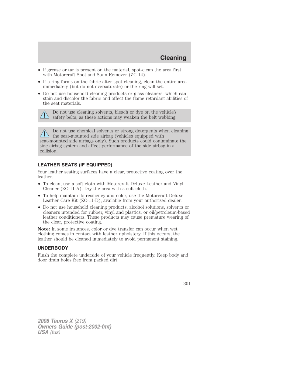 Leather seats (if equipped), Underbody, Cleaning | FORD 2008 Taurus X User Manual | Page 301 / 352