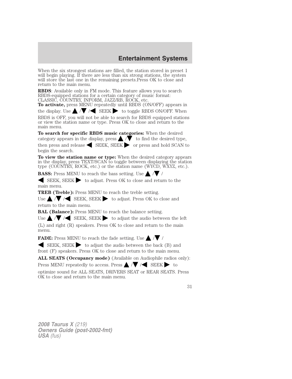 Entertainment systems | FORD 2008 Taurus X User Manual | Page 31 / 352