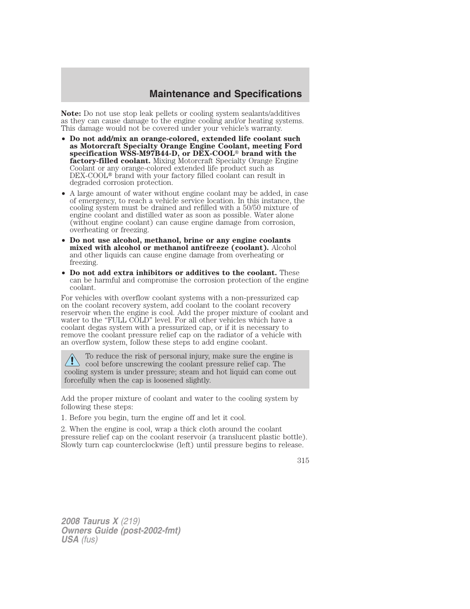 Maintenance and specifications | FORD 2008 Taurus X User Manual | Page 315 / 352