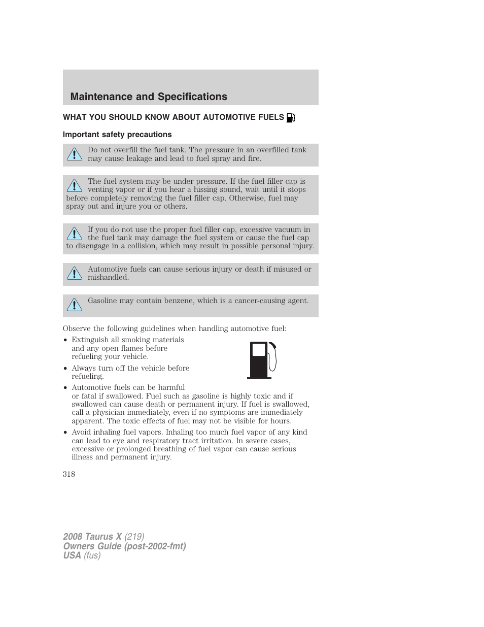 What you should know about automotive fuels, Important safety precautions, Fuel information | Maintenance and specifications | FORD 2008 Taurus X User Manual | Page 318 / 352