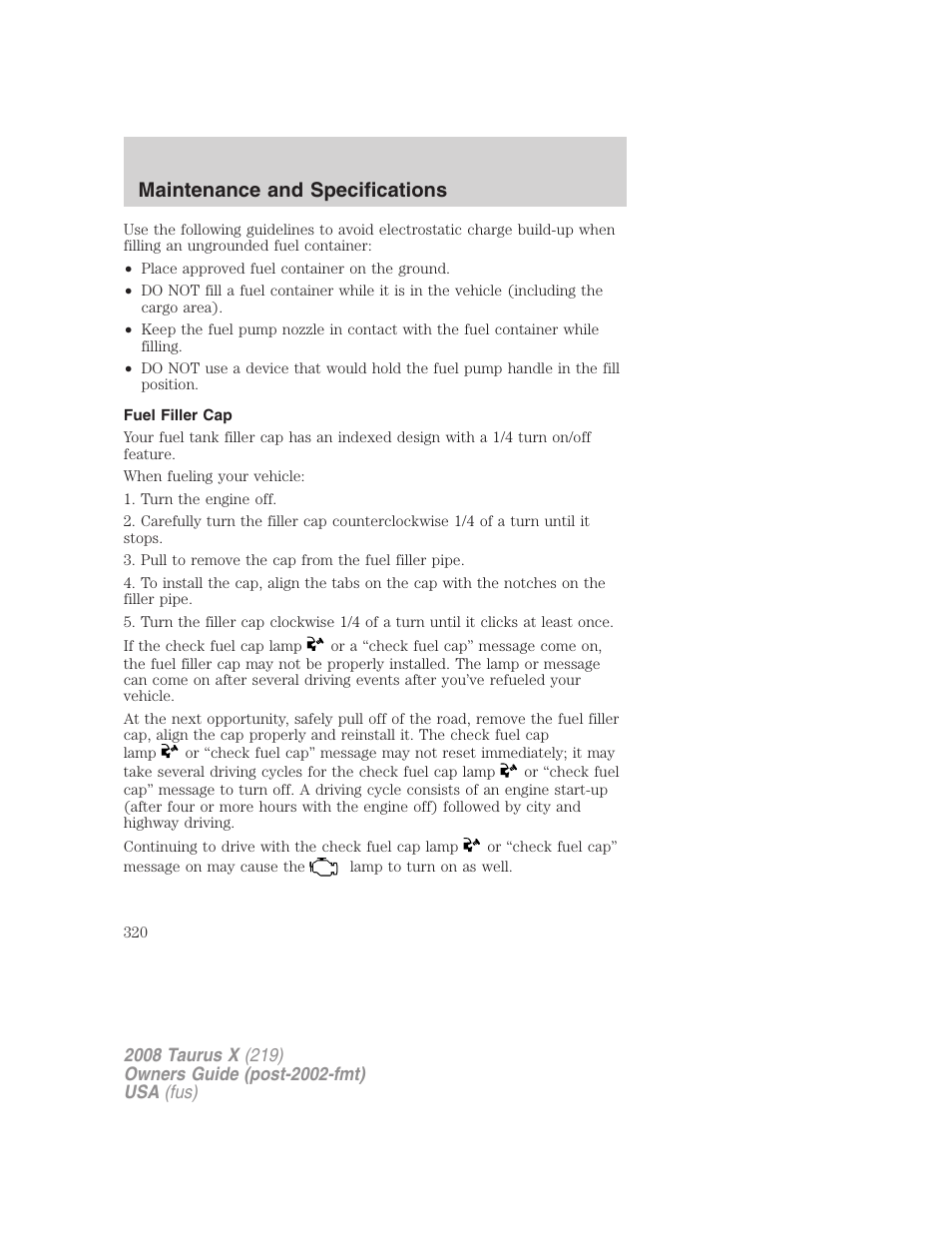 Fuel filler cap, Maintenance and specifications | FORD 2008 Taurus X User Manual | Page 320 / 352