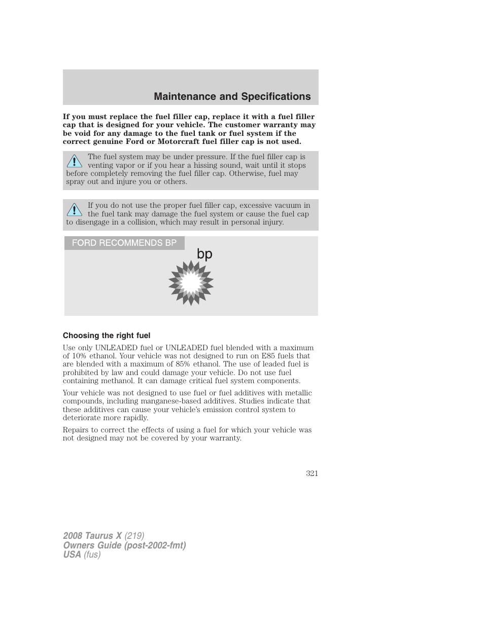 Choosing the right fuel, Maintenance and specifications | FORD 2008 Taurus X User Manual | Page 321 / 352