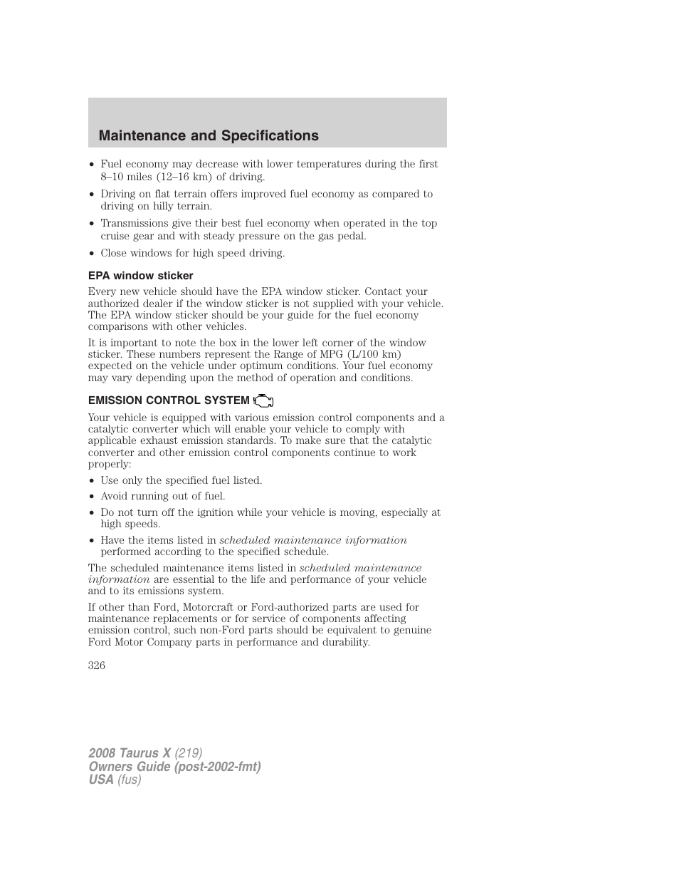 Epa window sticker, Emission control system, Maintenance and specifications | FORD 2008 Taurus X User Manual | Page 326 / 352