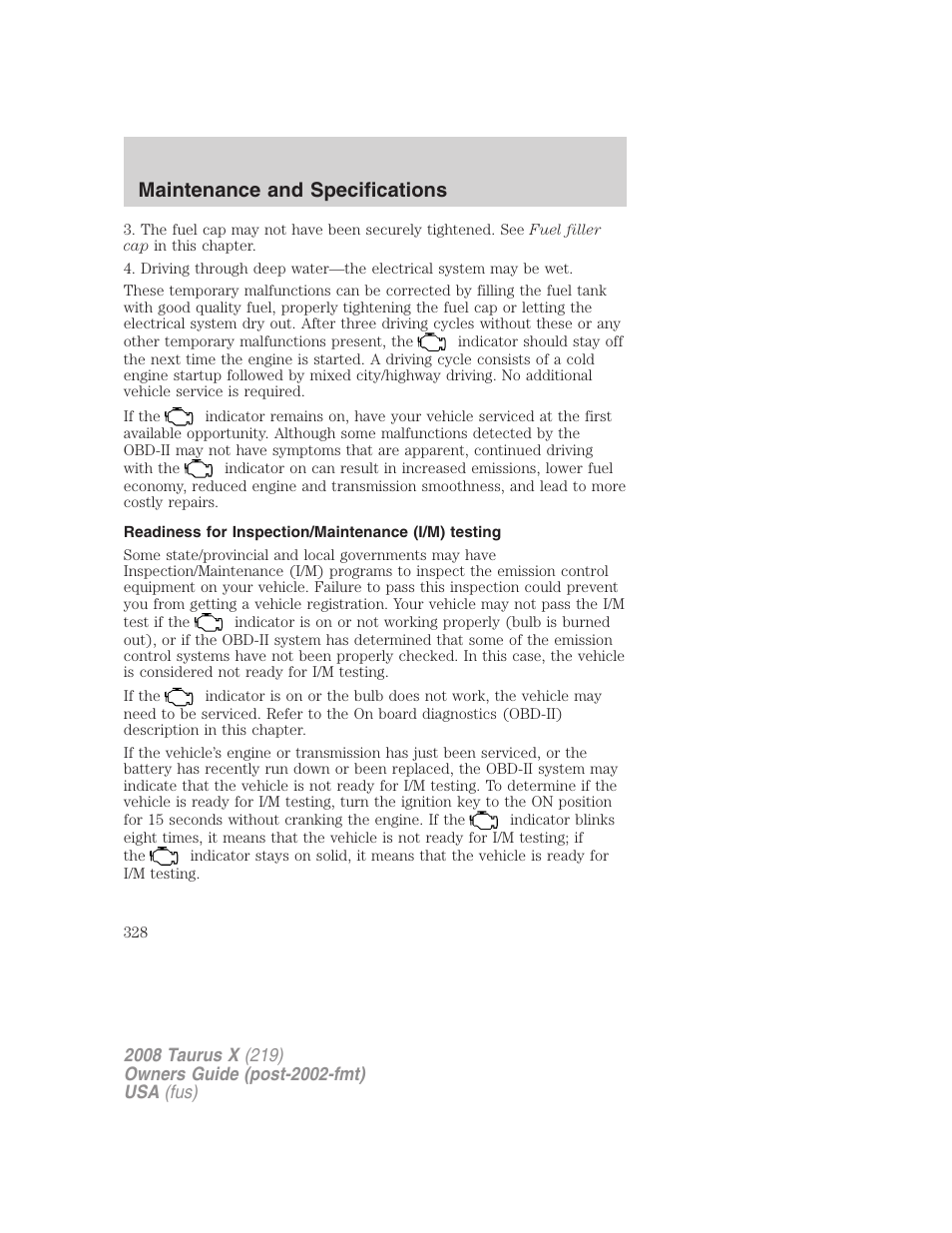 Readiness for inspection/maintenance (i/m) testing, Maintenance and specifications | FORD 2008 Taurus X User Manual | Page 328 / 352