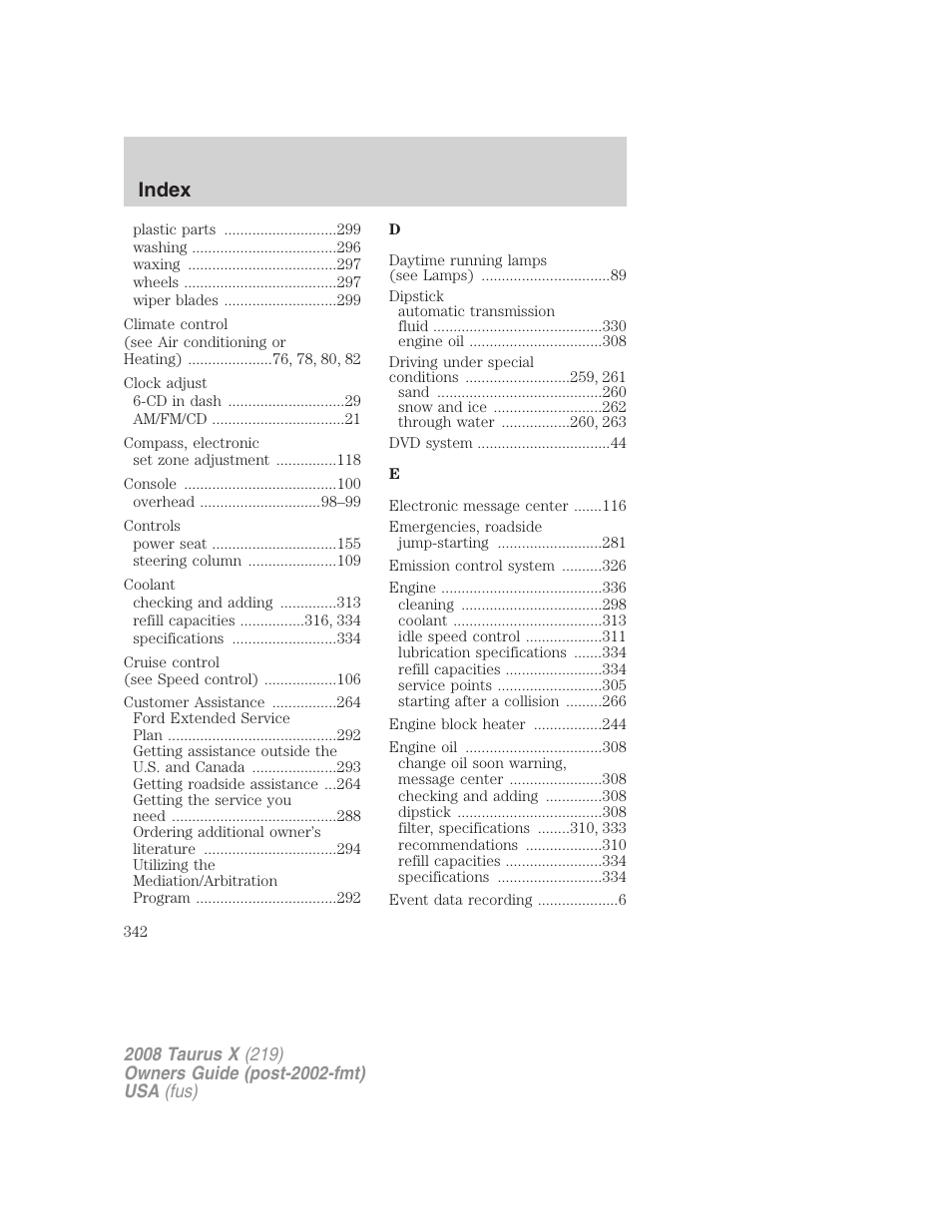 Index | FORD 2008 Taurus X User Manual | Page 342 / 352