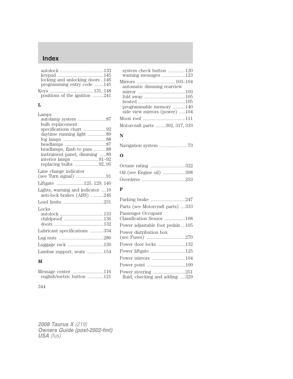 Index | FORD 2008 Taurus X User Manual | Page 344 / 352