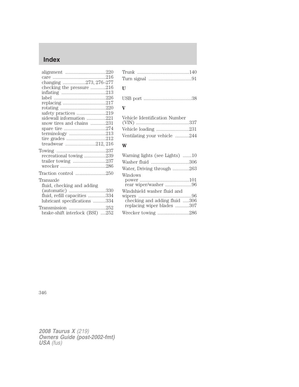 Index | FORD 2008 Taurus X User Manual | Page 346 / 352