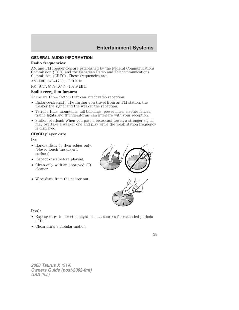 General audio information, Entertainment systems | FORD 2008 Taurus X User Manual | Page 39 / 352