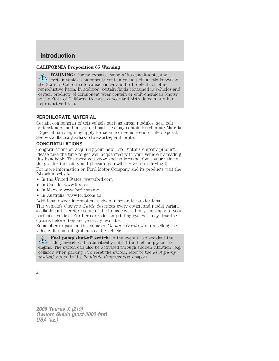 Introduction, Perchlorate material, Congratulations | FORD 2008 Taurus X User Manual | Page 4 / 352