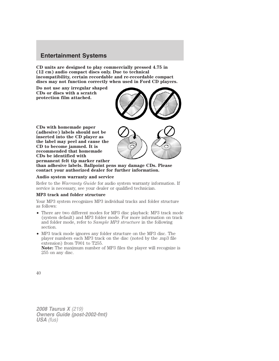 Entertainment systems | FORD 2008 Taurus X User Manual | Page 40 / 352
