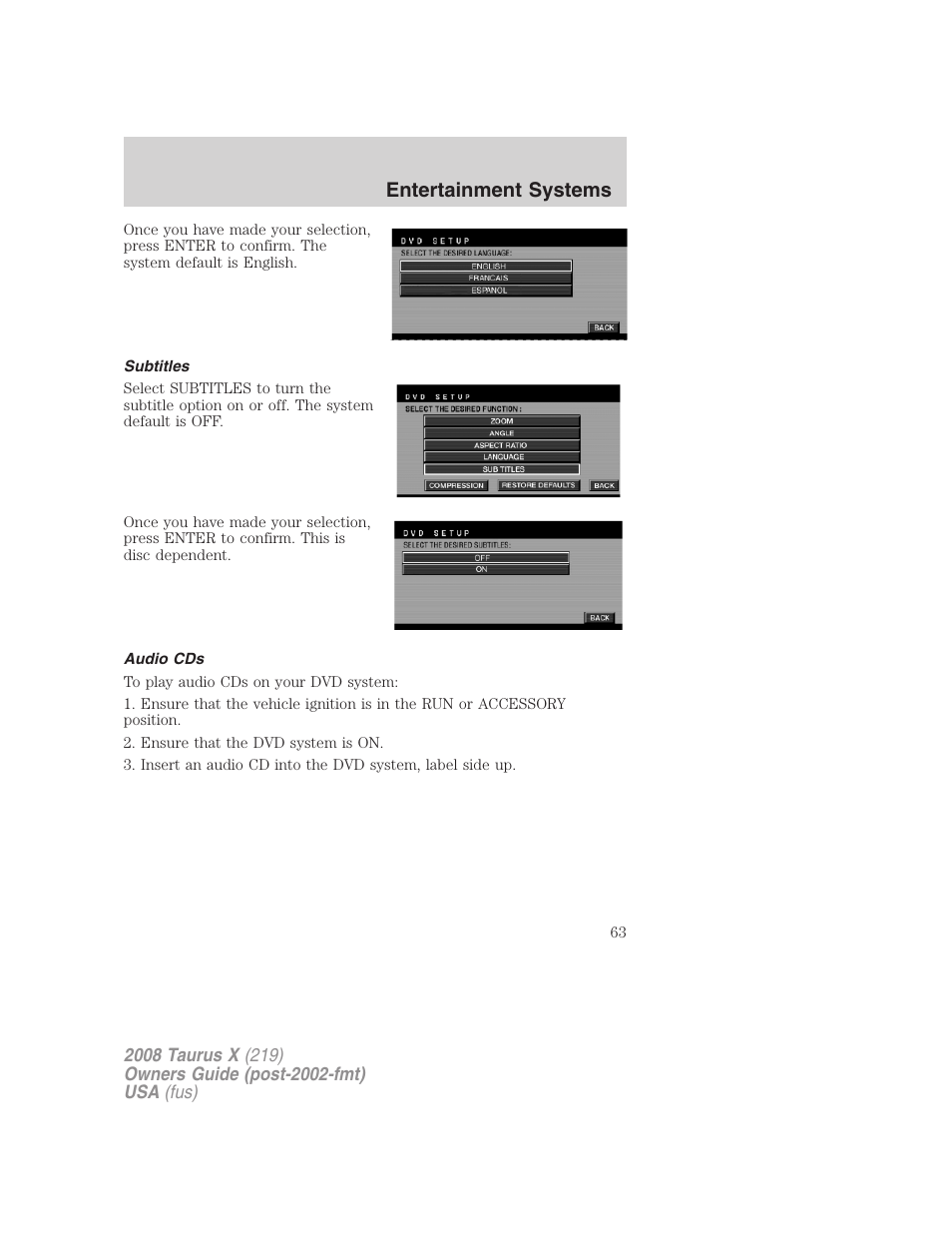 Subtitles, Audio cds, Entertainment systems | FORD 2008 Taurus X User Manual | Page 63 / 352