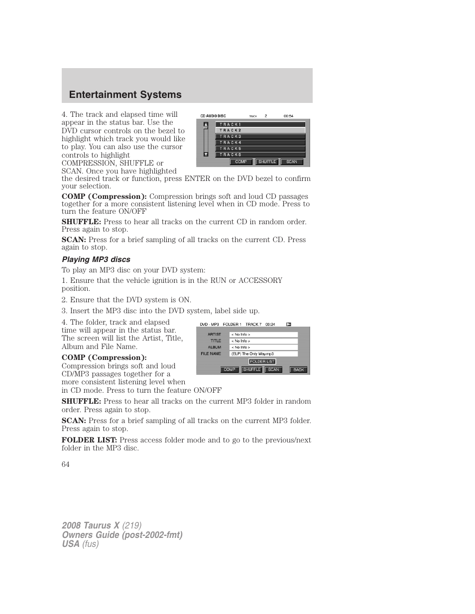 Playing mp3 discs, Entertainment systems | FORD 2008 Taurus X User Manual | Page 64 / 352