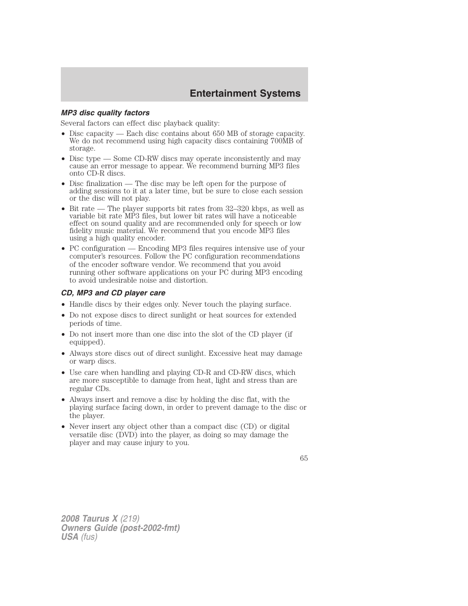 Mp3 disc quality factors, Cd, mp3 and cd player care, Entertainment systems | FORD 2008 Taurus X User Manual | Page 65 / 352